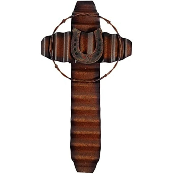 Urbalabs Western 15 Inch Wall Cross All Metal Cross With Barbed Wire And Horse Shoe Distressed Wall Hanging Cross Country Wall Decor Room Decoration Office Church Home (Full Metal)