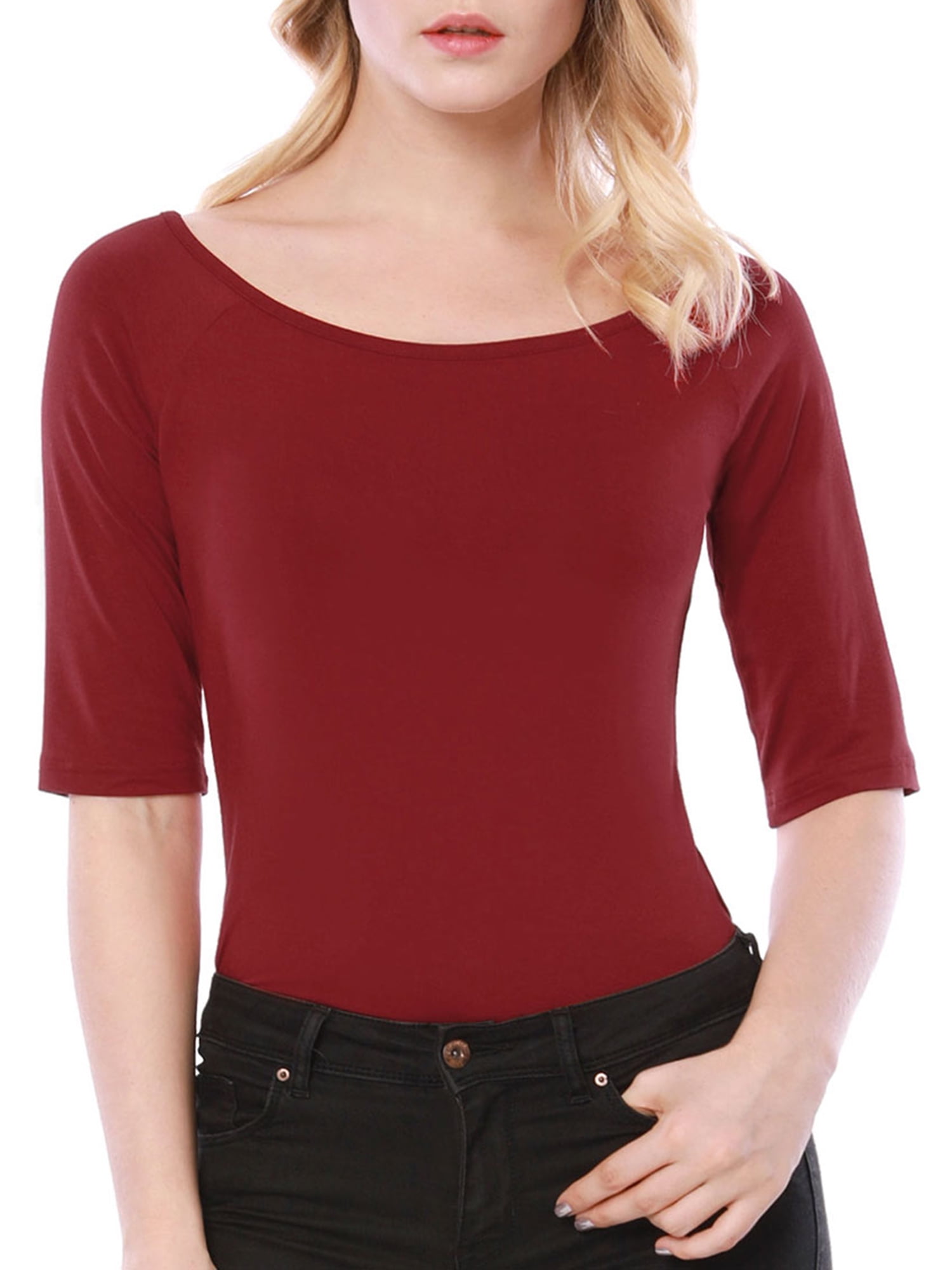 DARING DIVA Women's Slim Fit Pullover Boat Neck Stretchable T-Shirt L Red