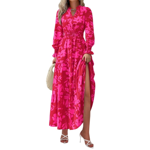 Vestido PRETTYGARDEN Floral Maxi Manga Larga Cuello en V Rojo M