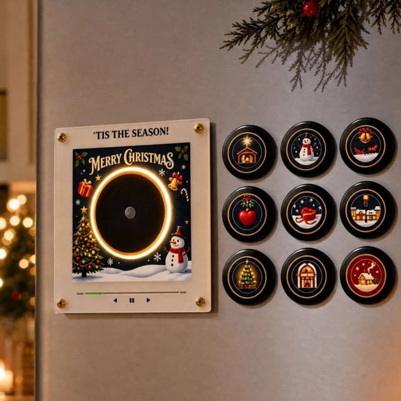 Christmas Fridge Magnet Music Player Set with 9 Vinyl Style Discs and USB-C Magnetic Fridge Vinyl Music Box Christmas with NFC Discs and Phone-Free Playback Christmas Magnetic Music Player