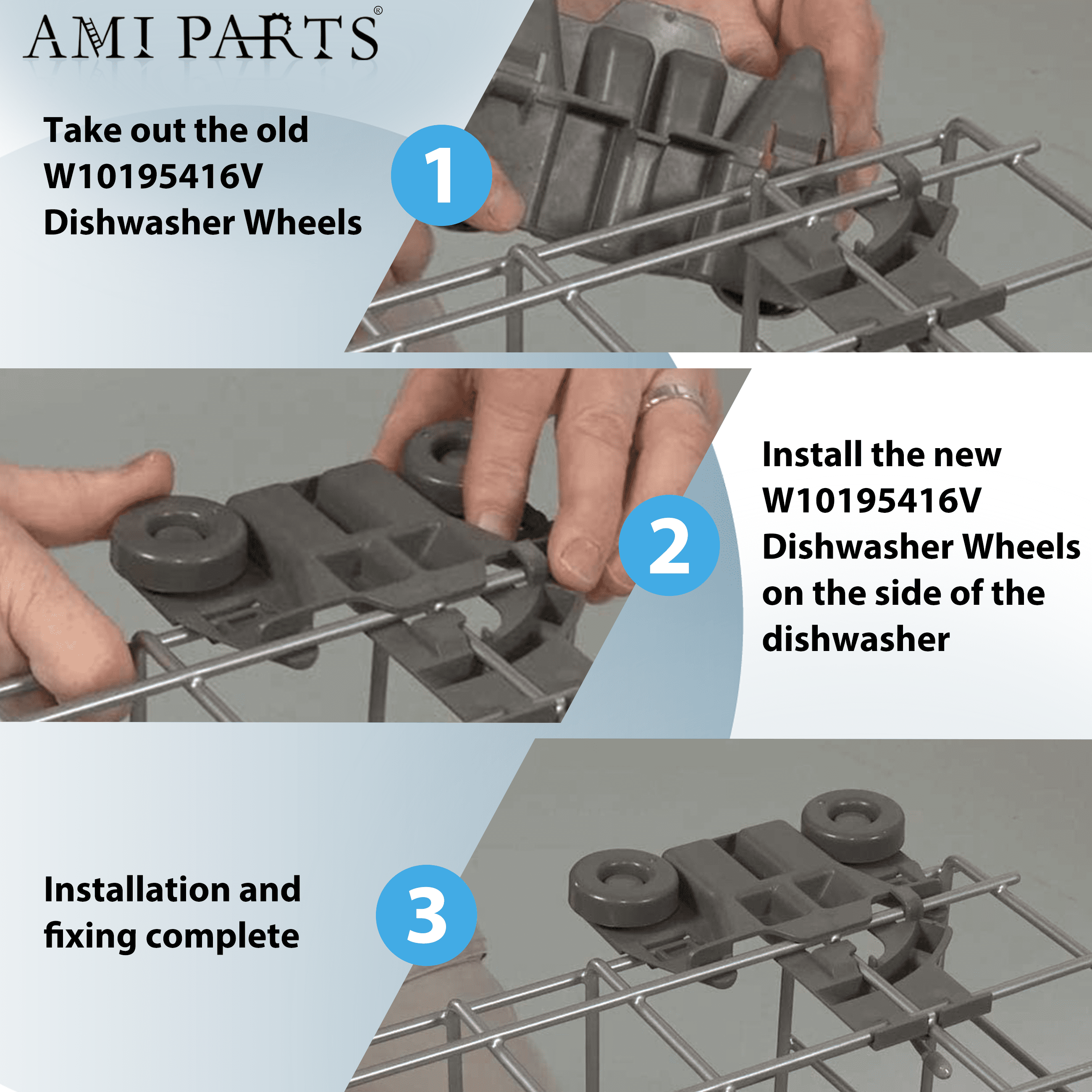 AMI PARTS W10195416V Lower Wheel Dishwasher Dish Rack Roller for Whirlpool W10195416 W10195416VP