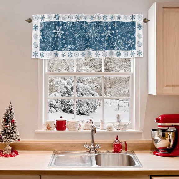 Kitchen Valances for Window, Winter Snowflakes Floral Light Filtering Rod Pocket Valance Curtain, Christmas Blue Short Curtains Window Topper for Bedroom Bathroom Living Room 54x18in