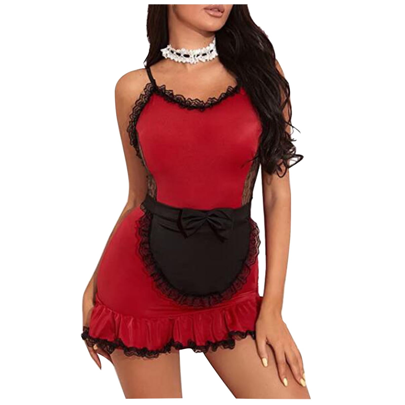 REORIAFEE Sexy Women Lingerie Sex Couple Naughty Play Babydoll Cocktail Party Cute Girl Erotic Lingerie Spaghetti Straps Lace Zipper Maid Costume Dress Apron Red S