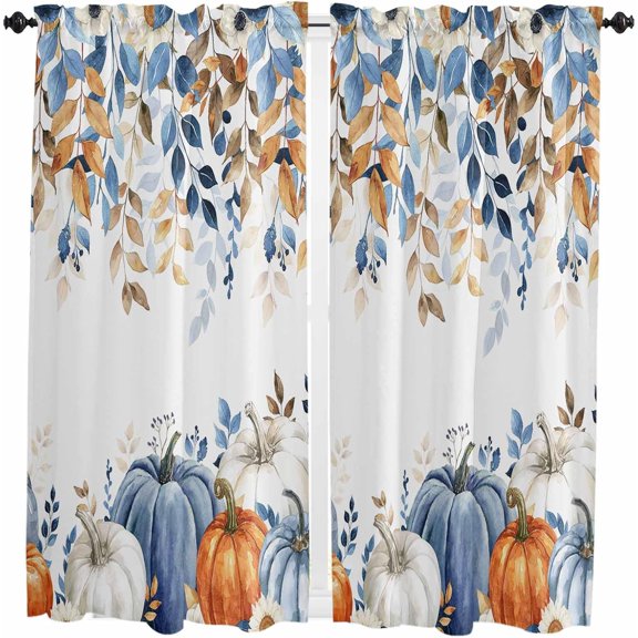 Fall Blue Pumpkins Window Curtains 63 Inch Length - 2 Panels, Rod Pocket Curtain Panels, Thanksgiving Orange Gray Botanical Window Treatment for Bedroom/Kitchen Small Windows, 42W x 63L Inch