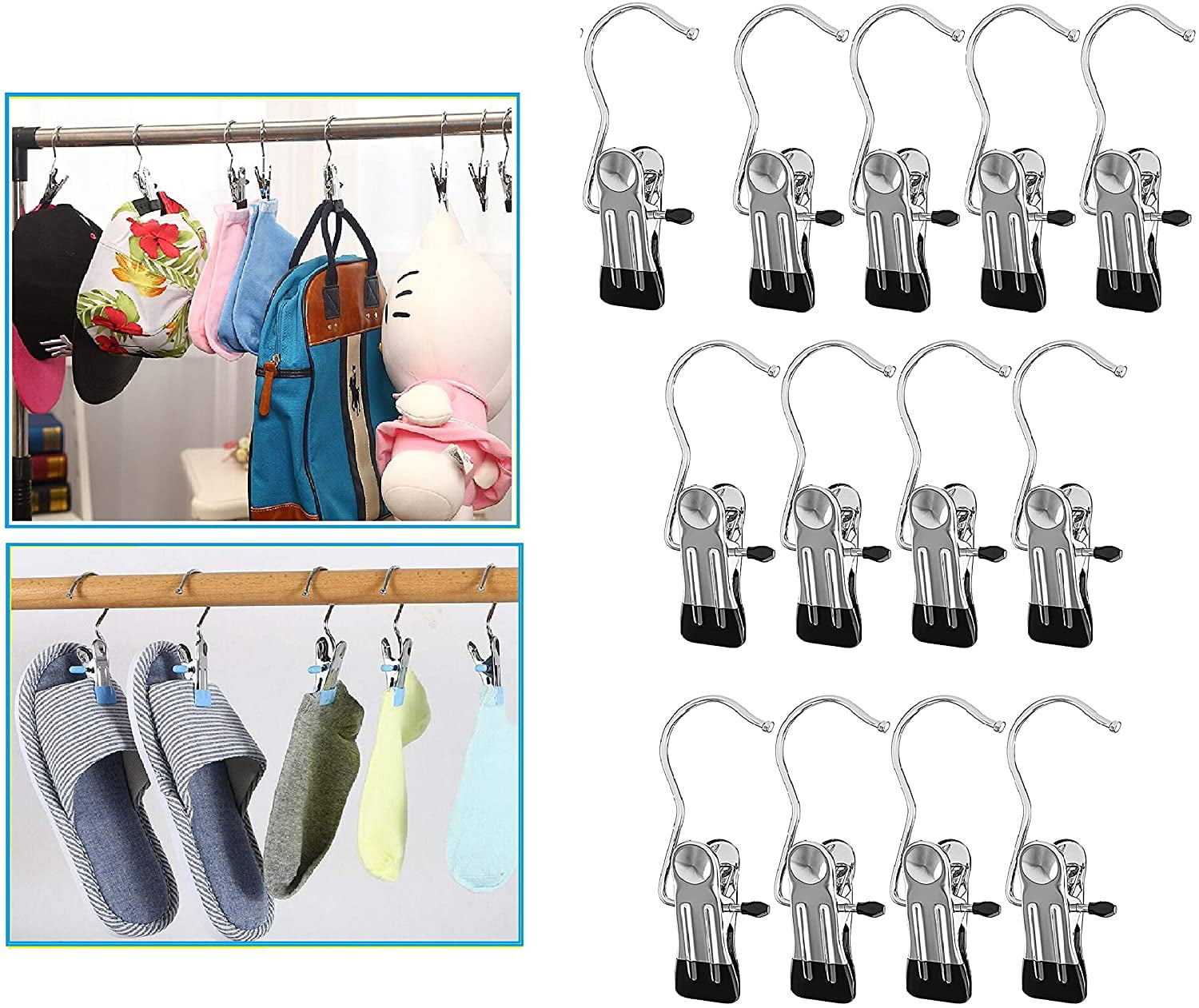 Laundry Hooks with Clips, Boot Hangers for Closet, Portable Laundry Hooks Hat Hanger Stainless