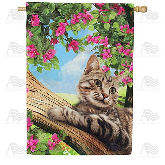 America Forever Spring Kitty House Flag 28 x 40 inches Double Sided Pet, Cute Cat, Green Tree, Pink Flowers - Seasonal Yard Lawn Outdoor Decorative Tabby Cat House Flag