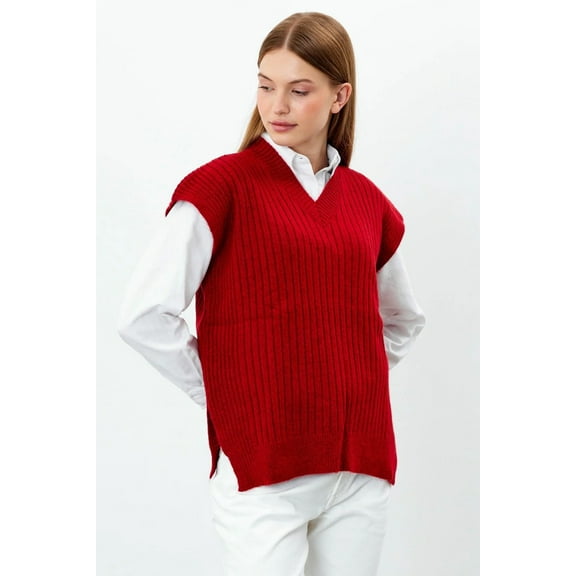 Knit Sweater Vest Ribbed Solid Color V Neck