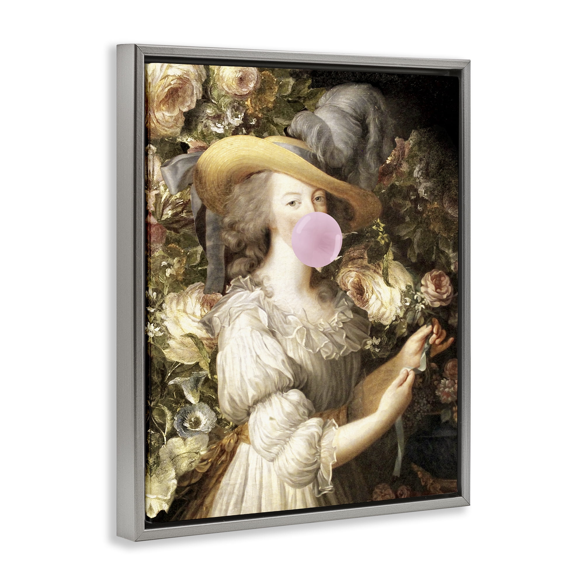 Stupell Industries Renaissance Lady & Gum People Painting Gray Floater Framed Canvas Art Print Wall Art, 17 x 21