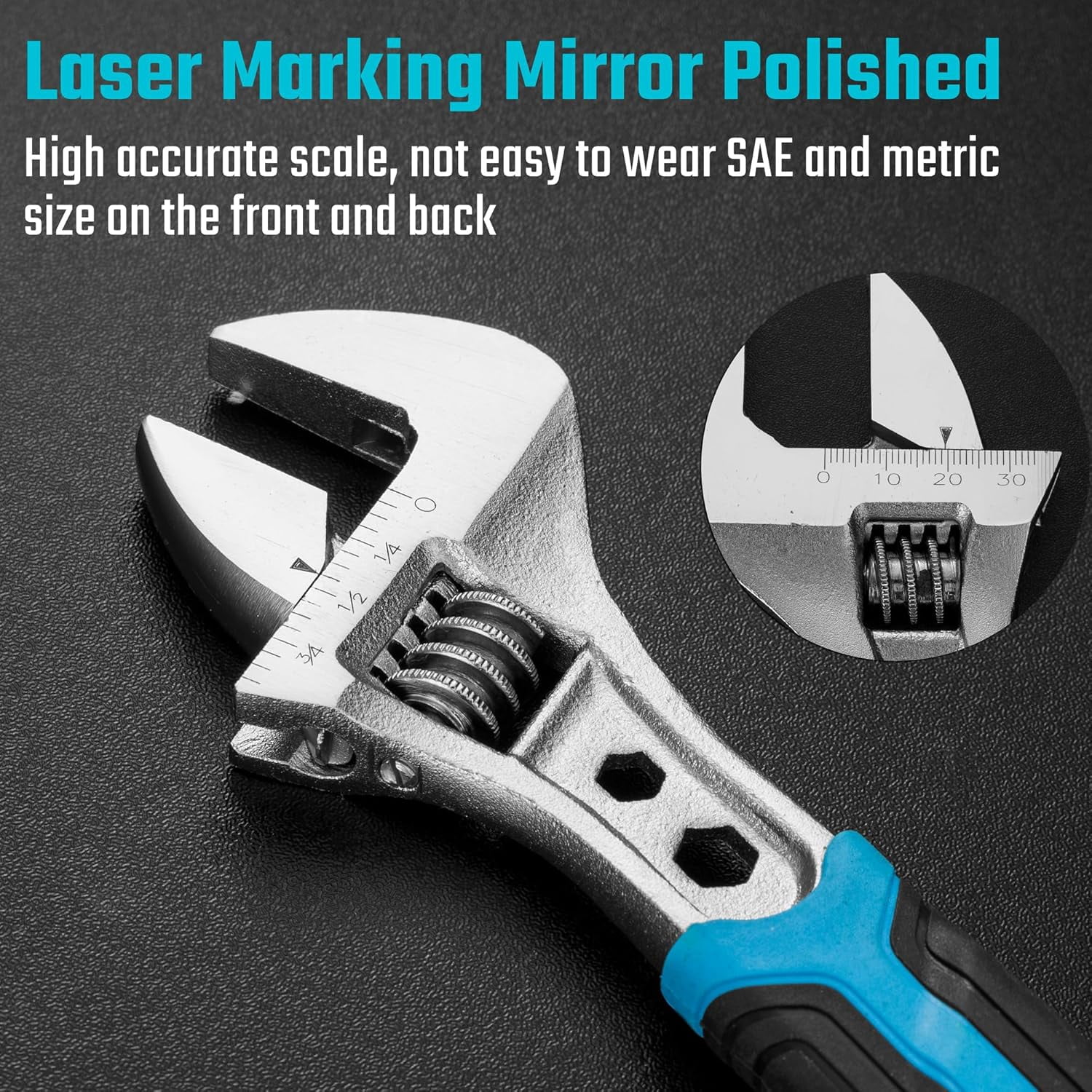 MKEUDQ-8 Inch Adjustable Wrench, 3-in-1 Spanner with Box End/Hex Function, CR-V Steel, Metric & SAE Scales, Chrome-plated, Bi-material soft Grip