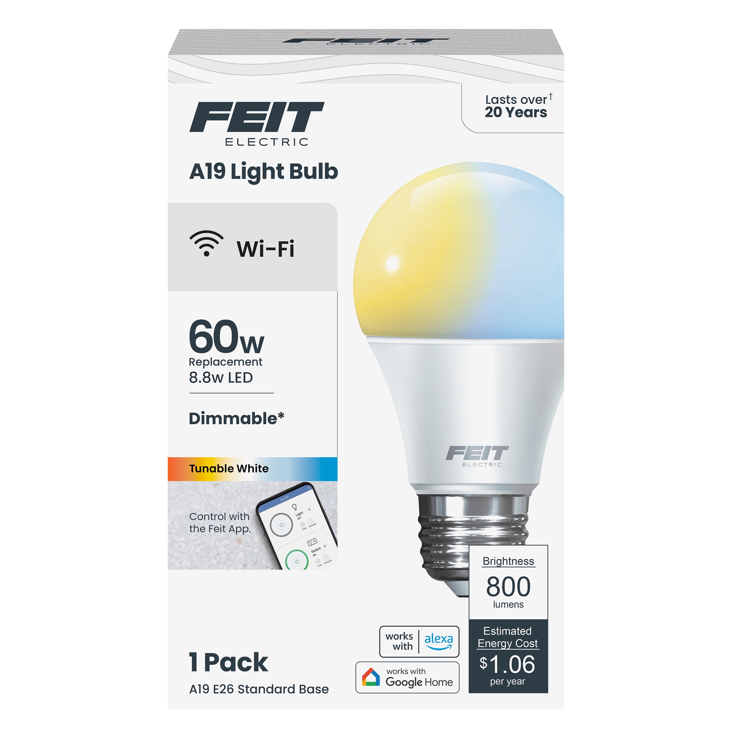 (2 pack) Feit Electric 8.8W (60W Replacement) Tunable White E26 Base A19 Smart WiFi LED Light Bulb