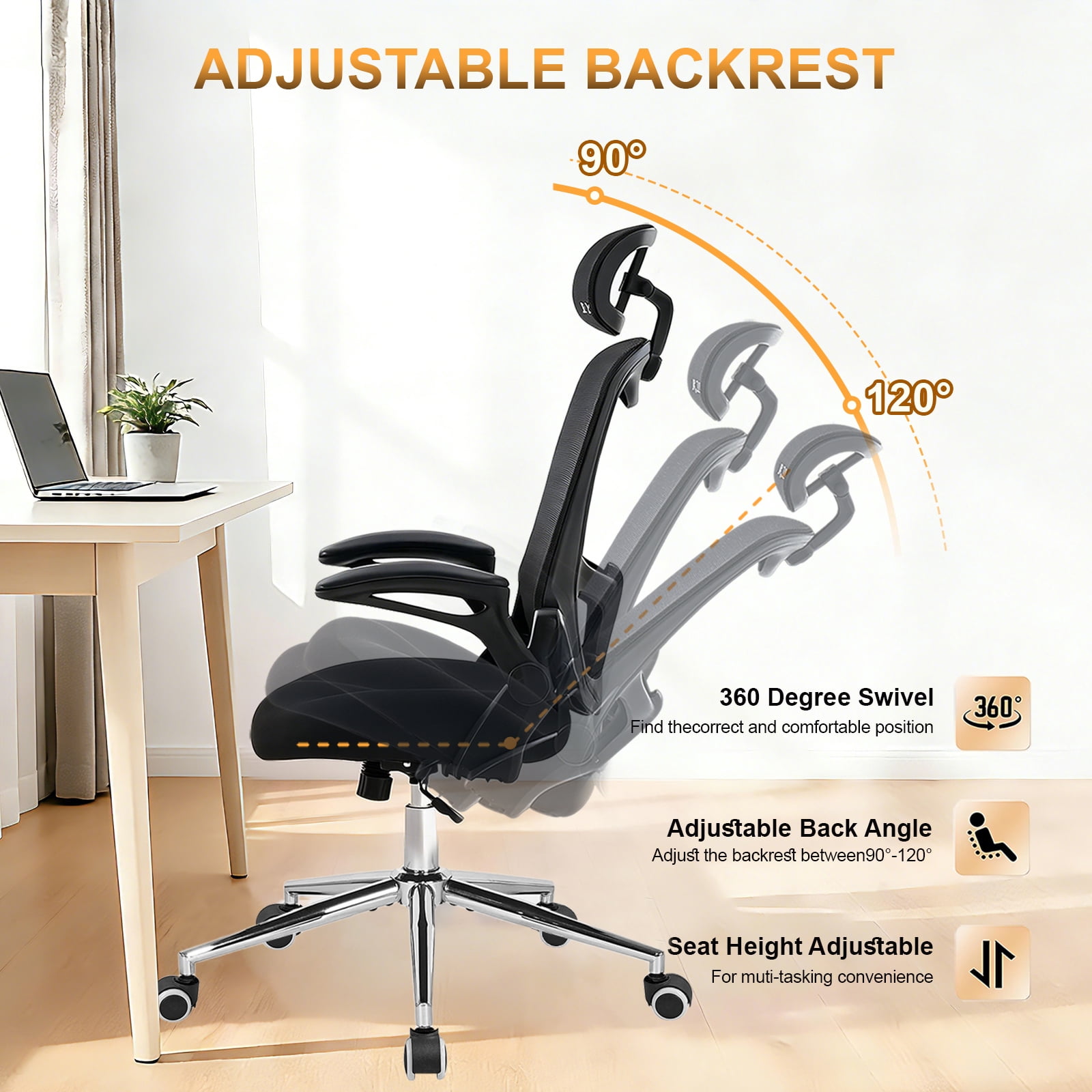 Office Chair Ergonomic Desk Chairs with Adjustable Lumbar Support& Headrest Hanger, High Back Breathable Mesh Chair with Wheels, Rolling Swivel Comfy Task Computer Chair for Home Work Gaming