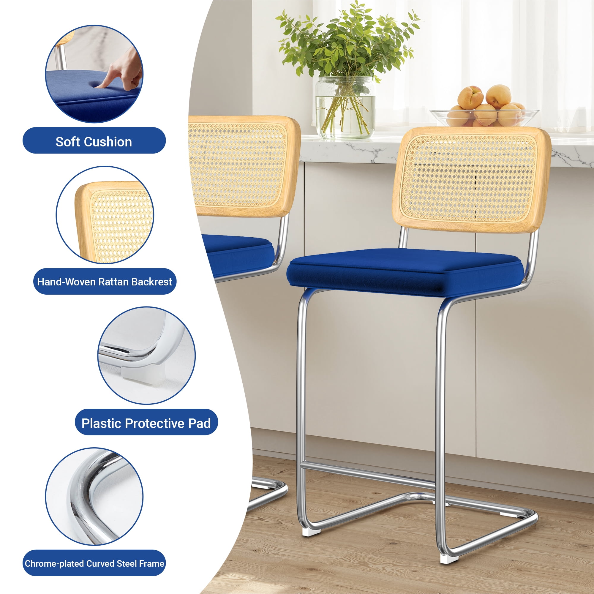 MAYEERTY 26" Royal Blue Counter Height Velvet & Rattan Bar Stools Set of 2, Armless for Kitchen Island