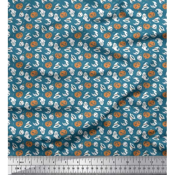 Soimoi Poly Georgette Fabric Witch Hat,Skull & Ghost Halloween Print Sewing Fabric Yard 42 Inch Wide
