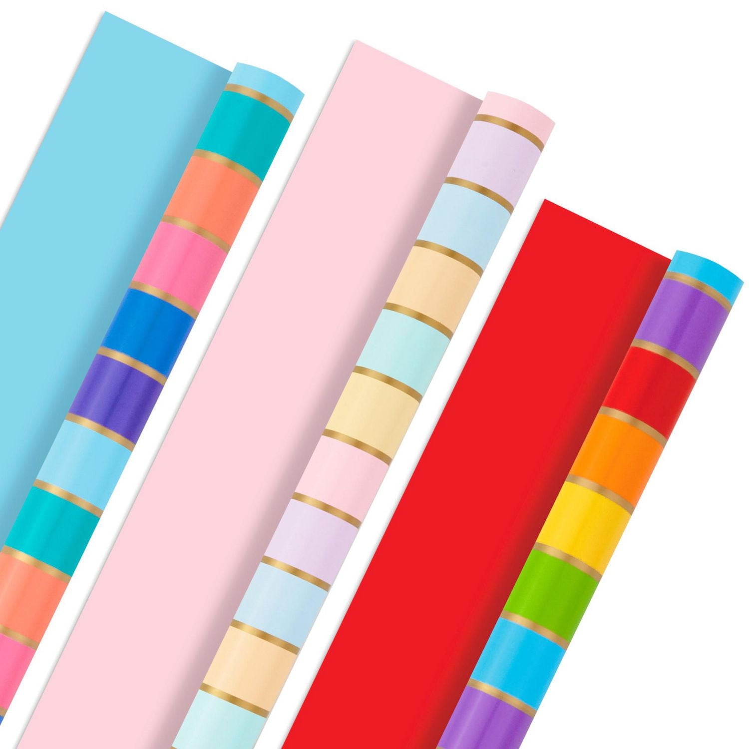 Hallmark All Occasion Reversible Wrapping Paper Bundle - Rainbow Stripes and Solid (3-Pack: 75 sq. ft. ttl.)
