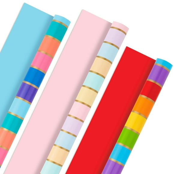 Hallmark All Occasion Reversible Wrapping Paper Bundle - Rainbow Stripes and Solid (3-Pack: 75 sq. ft. ttl.)