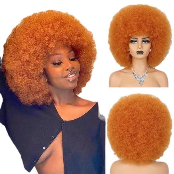 Zhuge Peluca afro suave de los años 70 para mujeres Pelucas de cabello afro rizado con flequillo Peluca afro de cabello sintético Peluca afro para uso diario en fiestas, rojo cobre