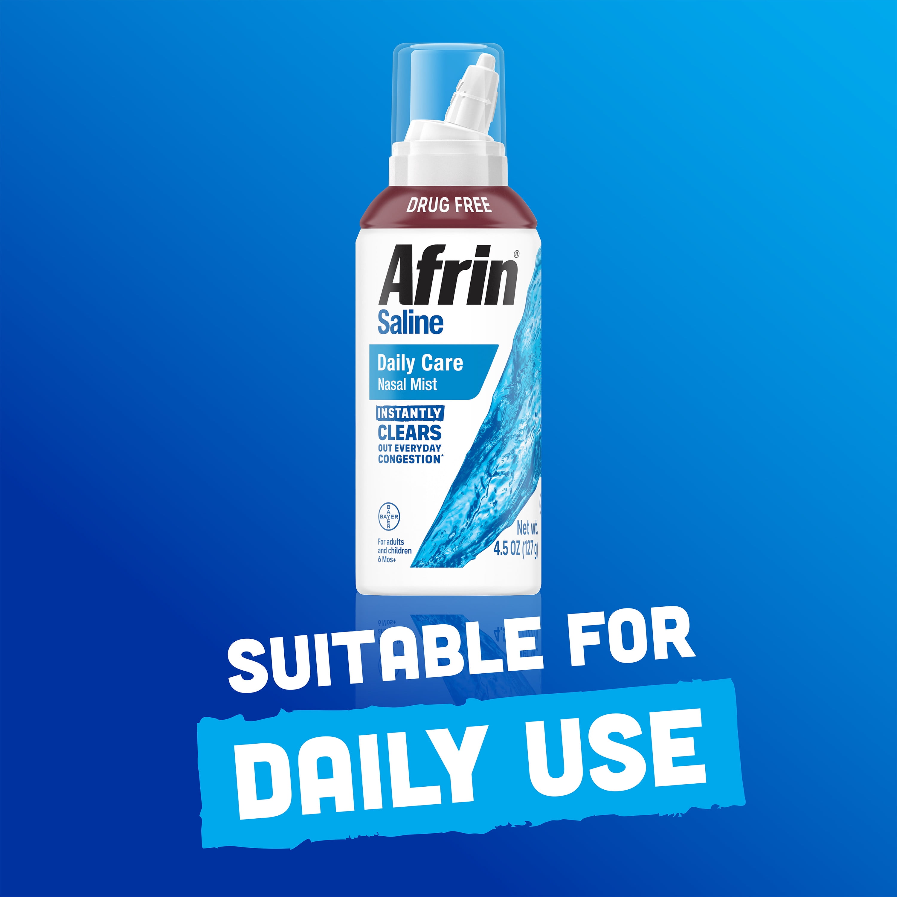 Afrin Saline Nasal Spray, 100% Drug Free, Saline Solution, Daily Care Nasal Spray for Everyday Congestion and Dry Nose, Easy Mist, 4.5 oz
