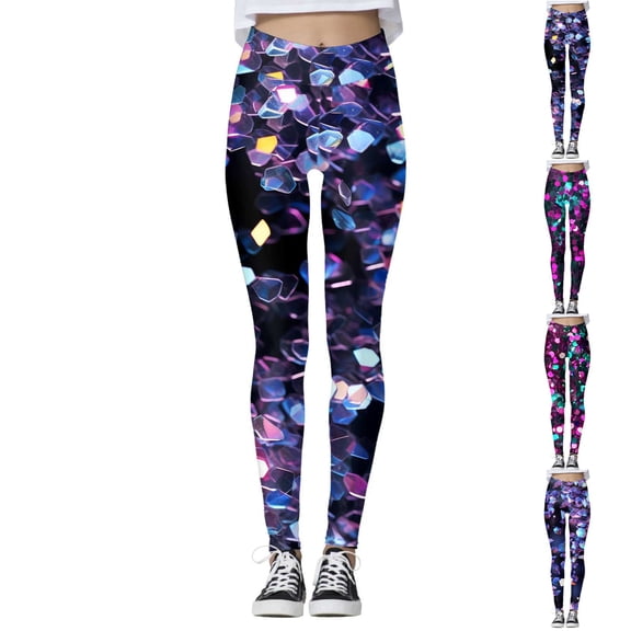 KDFJPTH Women's Colorful Geometric Print Leggings High Waist Stretchy Yoga Pants Casual Workout Tights Dark Purple L