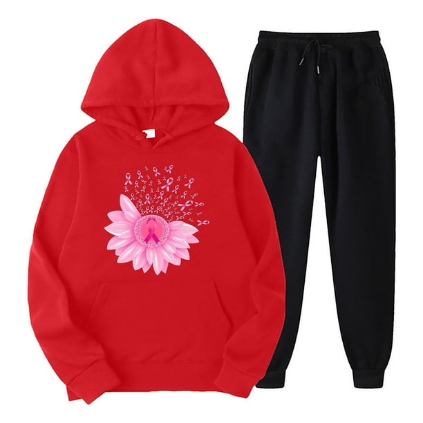 Puntoco Conjunto De Sudadera Y Pantalones Estampados Con Capucha De Manga Larga Informal Para El Día Del Cáncer De Mama De Otoño E Invierno Para Mujer Rojo L