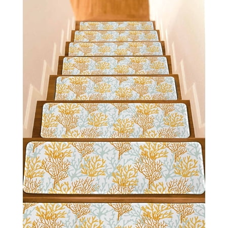 Orange Gray Coral Coastal Stair Treads for Wooden Steps Indoor Runner Rug Carpet Summer Beach Seaside Nautical 7 Pieces Peel and Stick Staircase Step Treads Covers Washable Throw Door Mats 30 x8
