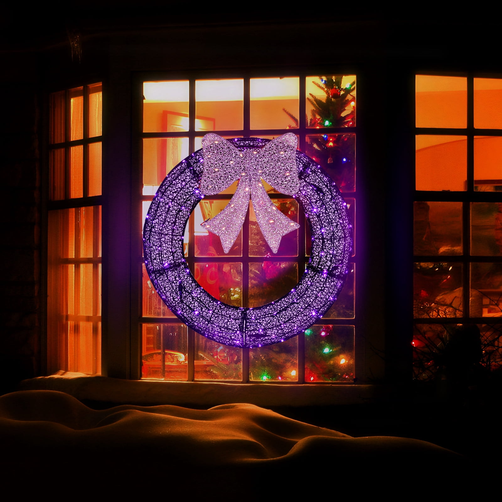 Astoutdoor Pre-Lit Outdoor Christmas Wreath with Purple Bow, Remote Control LED Lights with Timer, 36 in, for Front Door Gate Wall Indoor Outdoor Holiday Party