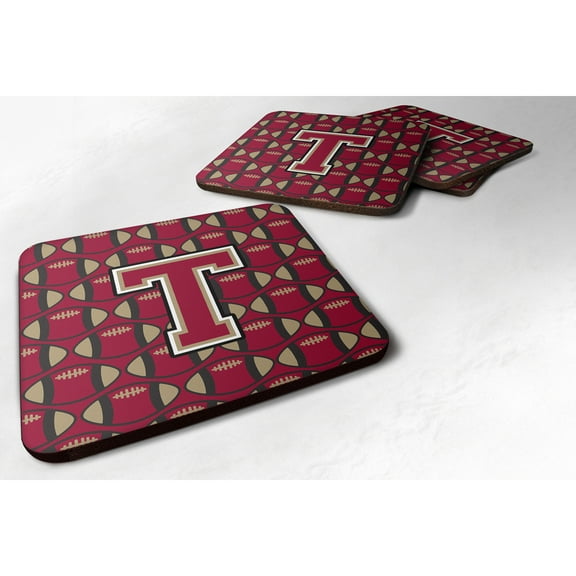 Letter T Football Garnet and Gold Foam Coaster Set of 4