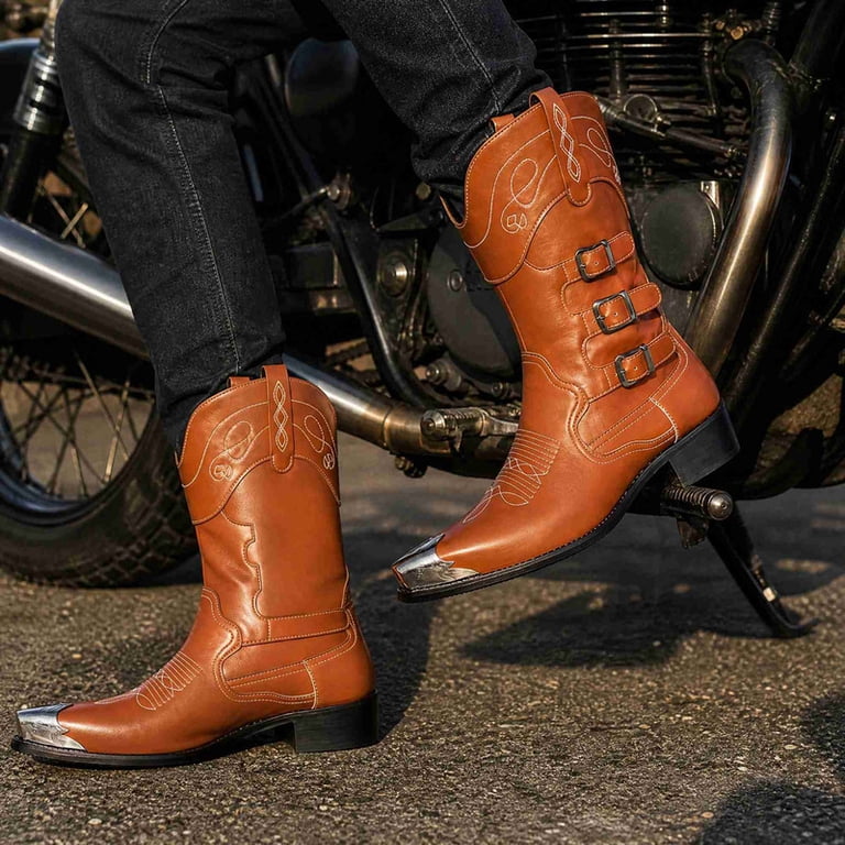 Men's Square Metal Cap Toe Cowboy Boots, Triple Buckle Side Zipper