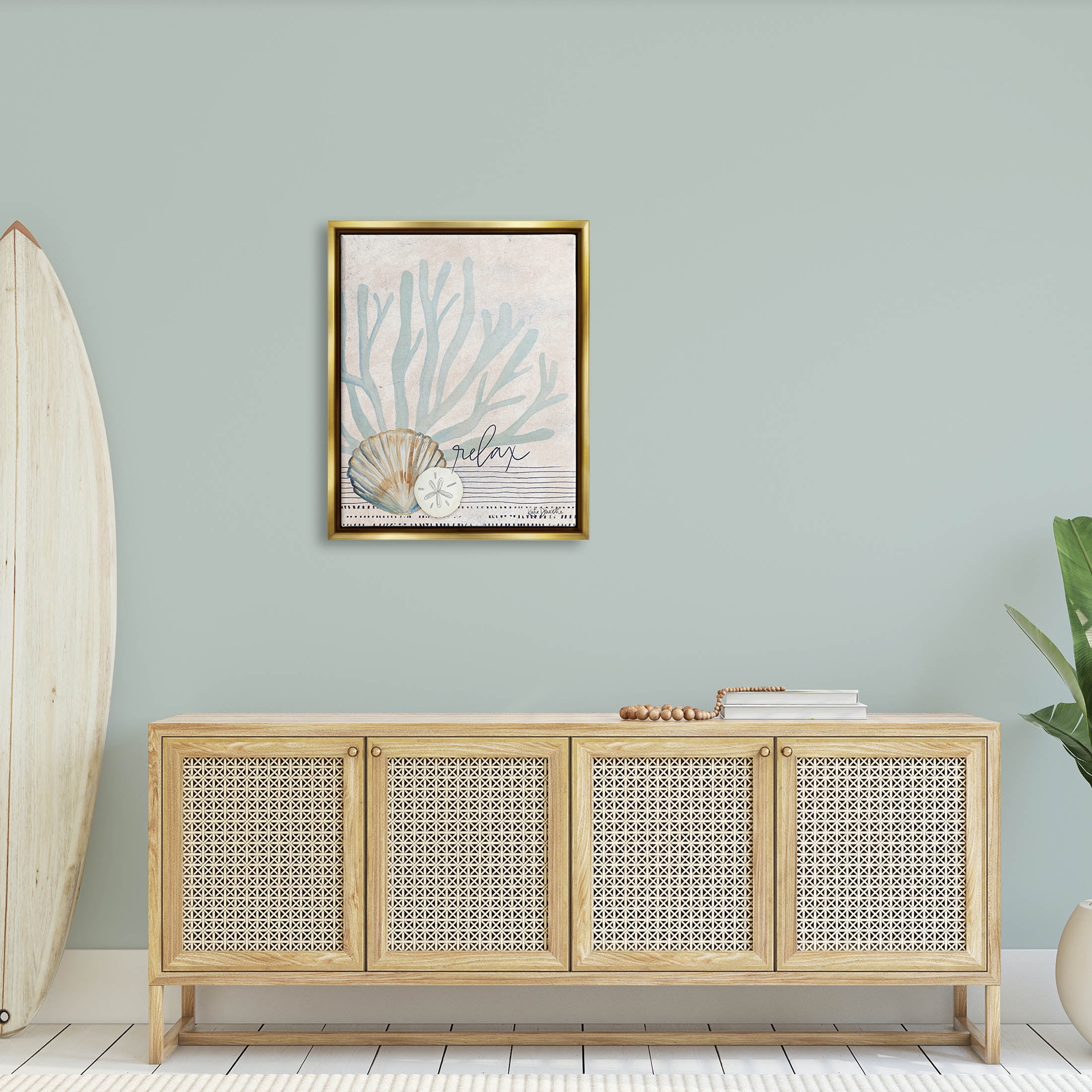 Stupell Industries Striped Sea Life Aquatic Seashells Graphic Art Metallic Gold Floating Framed Canvas Print Wall Art, Design by Katie Doucette