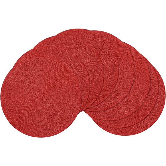 Round Braided Placemats Set of 8 Washable 15 inch Round Table Mats Non Slip Woven Place Mats for Christmas Holiday Dining Table Decor (Red, 8)