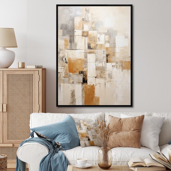 Designart "Cubic Perspective In Beige And Gold" Abstract Collages Floater Framed Wall Art Living Room