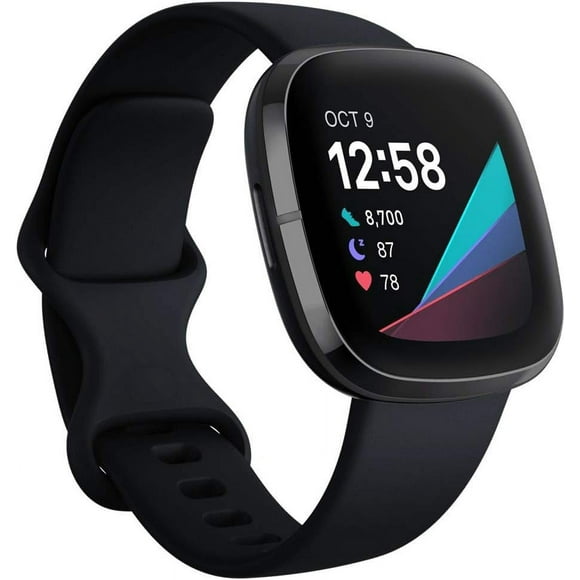 Fitbit Sense (1st Gen) Smartwatch | Carbon aluminum Body with Black Band, one size (S & L bands included) | Open Box