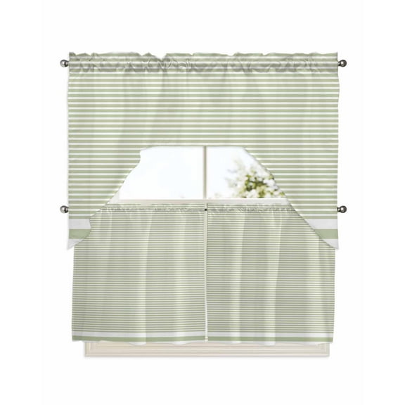 Farmhouse Sage Green White Striped Kitchen Curtains Swag Valance and Tier Curtains Set 24 Inch Length, Modern Stripes Rod Pocket Drape Panels Pair Swag Curtains for Bathroom/Cafe/Window