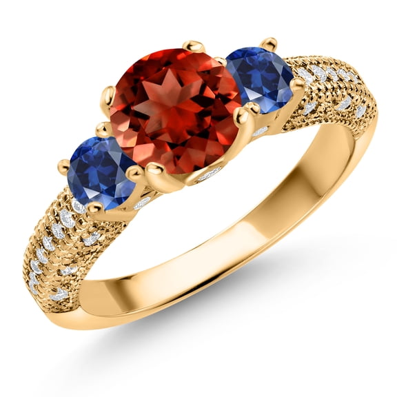 Gem Stone King 18K Yellow Gold Plated Silver Red Garnet Blue Created Sapphire and White Moissanite Engagement Ring for Women (2.08 Cttw, Gemstone January Birthstone, Round 7MM and 4MM, Size 9)