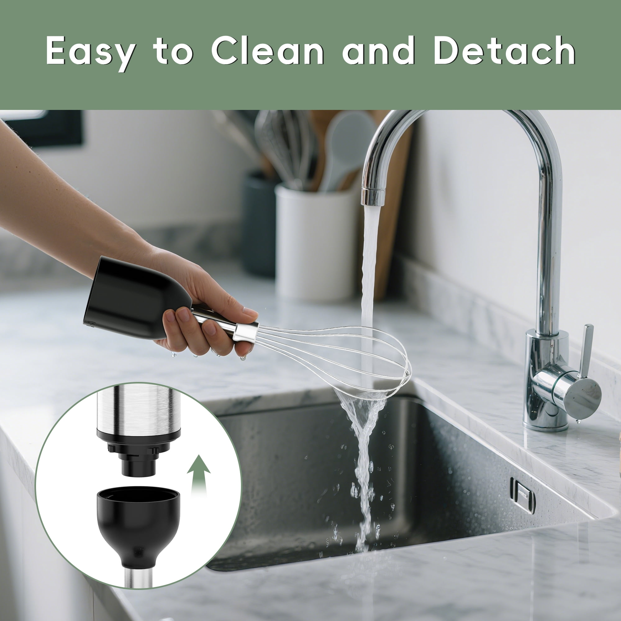 WHALL Cordless Immersion Blender, Rechargeable 5-in-1 Hand Blender with Whisk, Milk Frother Attachments, Portable Stick mixed,700ml Beaker, 500ml Chopper