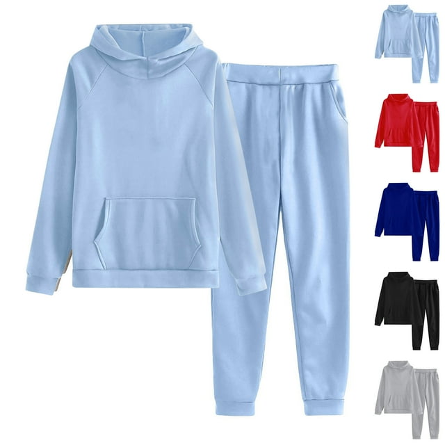 JGJNFE Survêtements Femmes Ensemble 2 Pcs, Ensembles de Détente pour Femmes, Ensemble Décontracté Uni Col Rond Manches Longues et Sweat à Capuche Taille Serrée Bleu 3TG