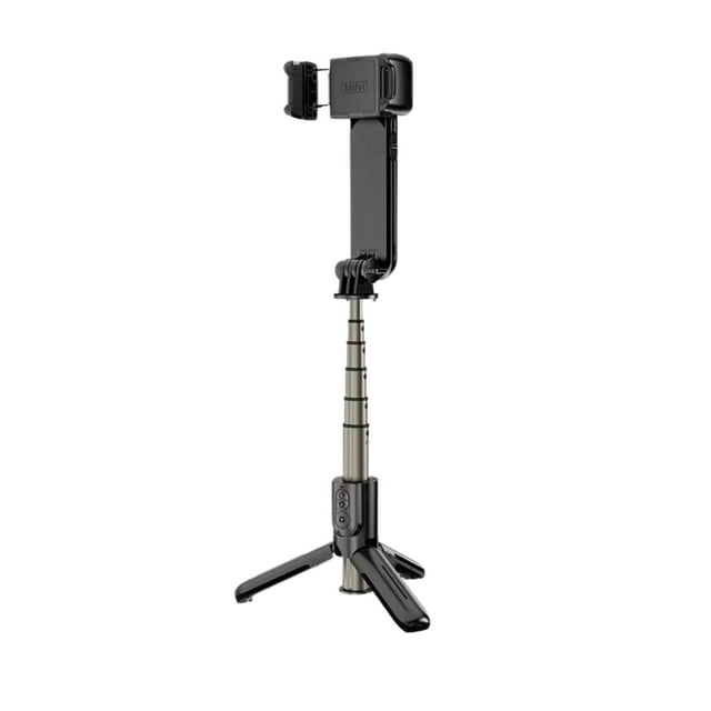 estabilizador de celular gadgets&fun gf estabilizador para selfies negro con trípode integrado y varilla telescópica; vista frontal que muestra el soporte ajustable para celular, tubo de aleación de aluminio, botones de encendido y ajuste de luz en el mango, puerto de carga y llave de desbloqueo. Incluye control remoto inalámbrico; también es adecuado para transmisiones en vivo o vlogs cortos.