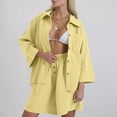 thumbnail image 2 of Women's 2 Piece Outfits Cotton Linen Casual Set Single Row Button Loose Sleeve Lapel Top Pocket Drawstring Shorts Set (XL, Yellow), 2 of 5