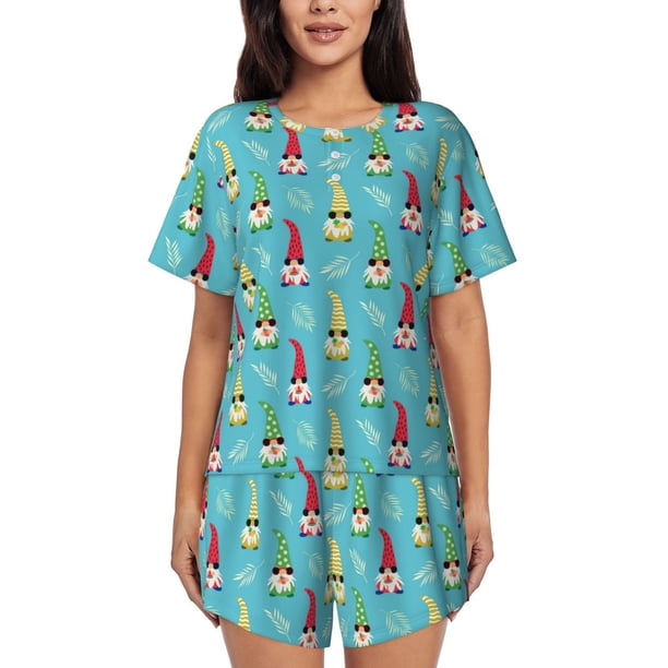 Fotbe Gnomes Holding Fruits Conjunto de Pijama Estampado para Mujer, 2 Piezas, Ropa de Dormir con Camiseta de Manga Corta y Shorts Suaves-X-Large