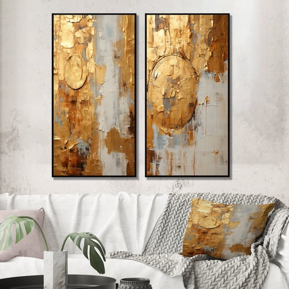 Designart "Vintage Togetherness Gold Abstraction I" Abstract Painting Framed Wall Art Set Of 2 - Modern Gold Frame Gallery Set For Office Decor