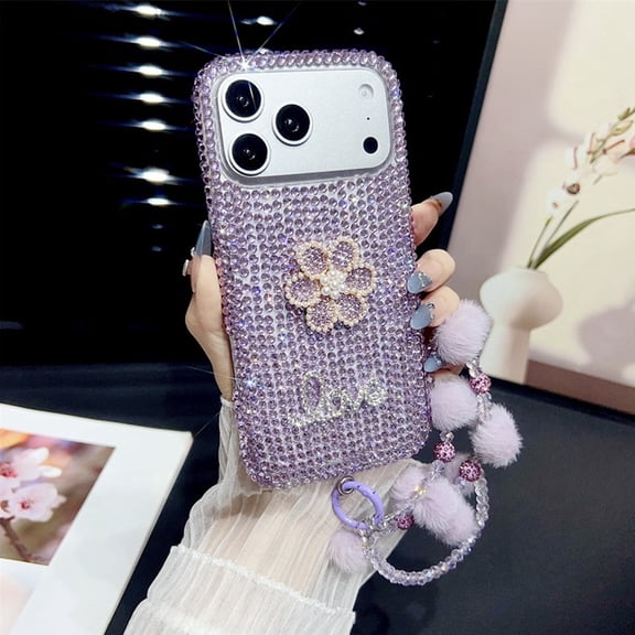 Full Diamond Flower Phone Case with Bracelet for iPhone 17 Pro Max, Sparkle Rhinestone Luxury Protective Cover, Purple