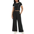 thumbnail image 1 of Conjunto de sudadera de verano de 2 piezas para mujer ATHLECHIC, con camiseta de manga corta y pantalones anchos, color negro, 1 of 5