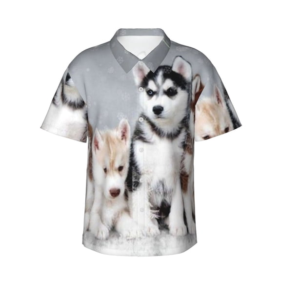 Lovely Huskies Brother Men'S 3d Print Casual Button Down Shirts, Novelty Hawaiian Short Sleeves 2xl