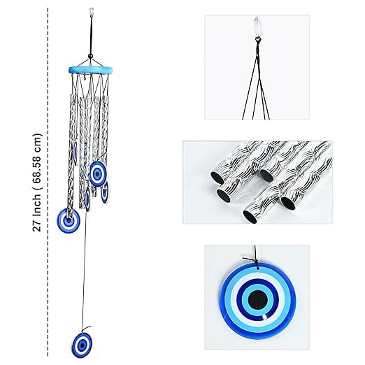 Evil Eye Wind Chime for Home Décor, 27-Inch Turkish Evil Eye Wind Chime with 5 Silver Pipes for Positive Energy, Wall Hanging, Living Room, Balcony & Garden Indoor and Outdoor Use Housewarming Gift