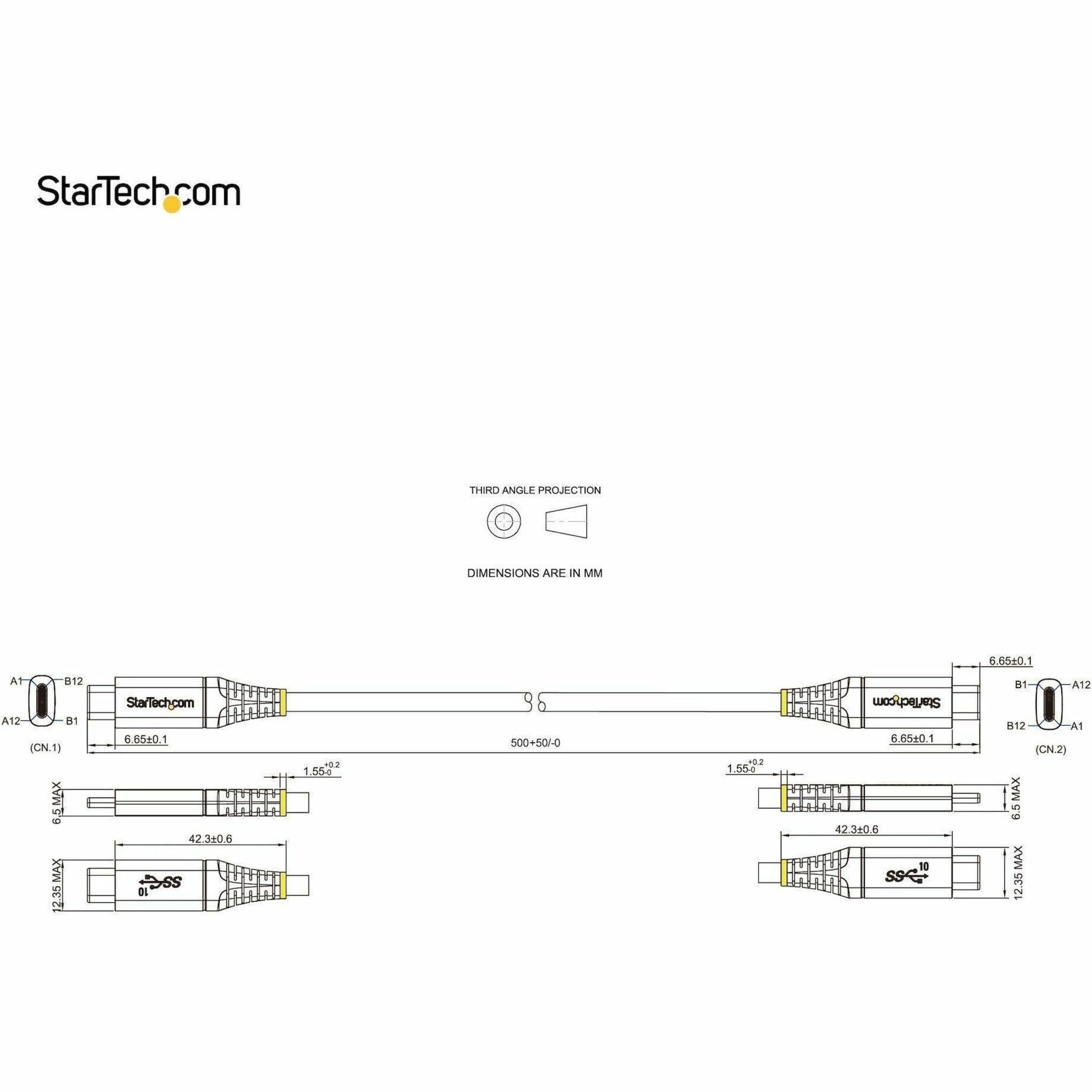 Startech.com 20in 50cm Usb C Cable 10gbps, Usb-if Certified Usb-c Cable, Usb 3.1/3.2 Gen 2 Type-c Cable, 100w (5a) Delivery , Dp Alt Mode, Usb C To C Cord, & Sync - Thunderbolt 3 Compatible