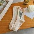 thumbnail image 2 of VISALY Retro Flower Cotton Socks Cute Floral Crew Socks for Women Teen Girls Women's Medium Tube Socks Vintage Flower Cotton Socks(1Pc) Ankle Casual Sock,Breathable Mid Tube Socks Beige A, 2 of 3
