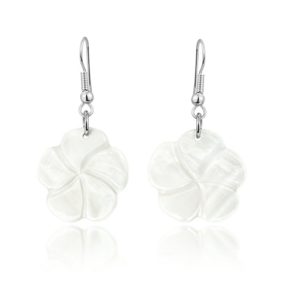 Tropical Plumeria Flower White Kabibe Shell Dangle Earrings
