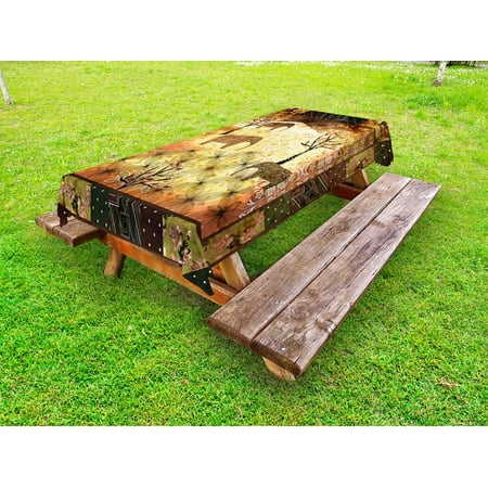 

African Outdoor Tablecloth Patchwork Inspired Pattern Grunge Vintage Featured Elephants Trees Roses Print Decorative Washable Fabric Picnic Tablecloth 58 X 120 Inches Multicolor by Ambesonne