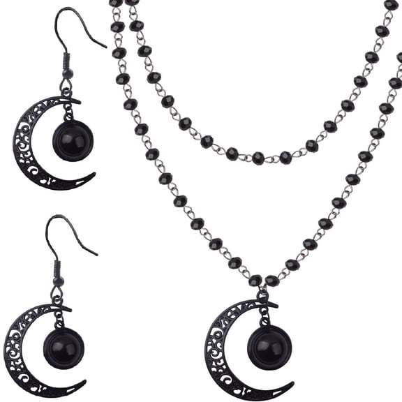 Gothic Y2K Layered Crescent Moon Necklace Black Beaded Pendant Choker Chain Moon Drop Dangle Earrings  for Women Ladies Halloween Party Costume Accessories
