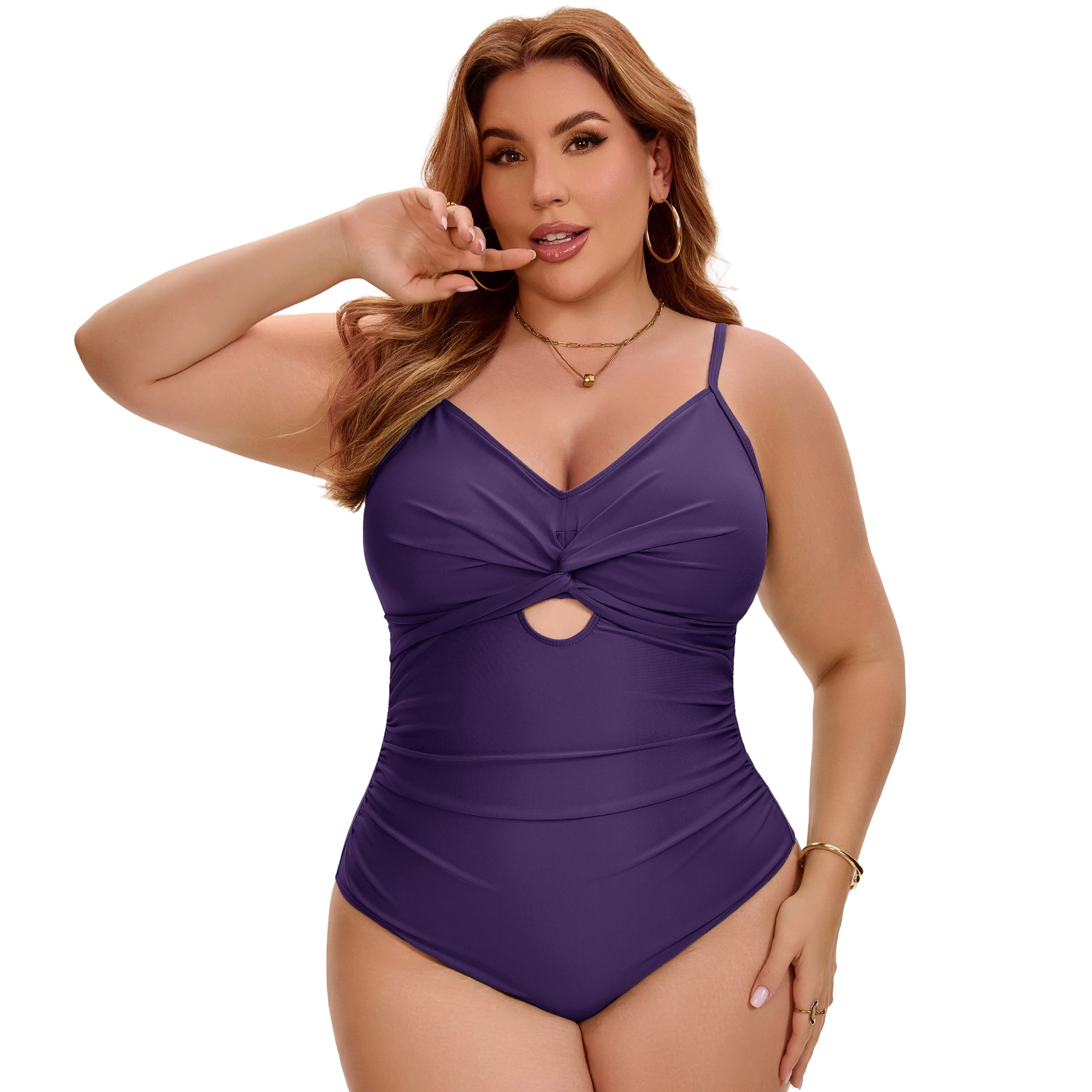 DARING DIVA Women's Plus 1 Piece Tummy Control Cutout High Swimsuit L Purple