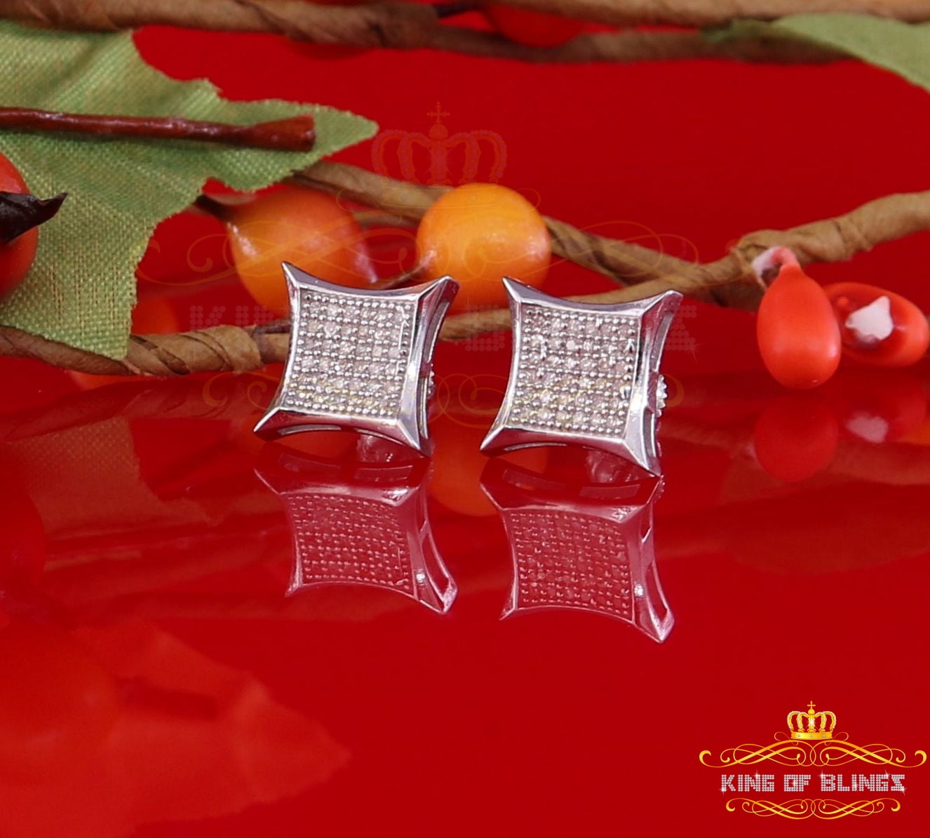 King of Bling's 0.20ct Diamond 925 Sterling Silver White Square Earrings For Men's / Women's